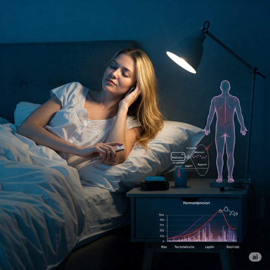 A serene bedroom scene bathed in warm, golden light. In the foreground, a person sleeping peacefully, their face relaxed, as delicate tendrils of mist-like energy emanate from their head, representing the connection between sleep and metabolic hormones. In the middle ground, a bedside table with a copy of the book "Leptin: The Satiety Hormone" and a glass of water, symbolizing the importance of understanding the intricate relationship between sleep and leptin. The background features a tranquil, dreamlike landscape with soft, hazy mountains and a starry night sky, conveying the calming, restorative nature of quality sleep and its impact on hormonal balance. A woman relaxes in bed, listening to music with earphones, under a warm lamp. Nearby, digital graphics depict a human figure and hormone graphs.