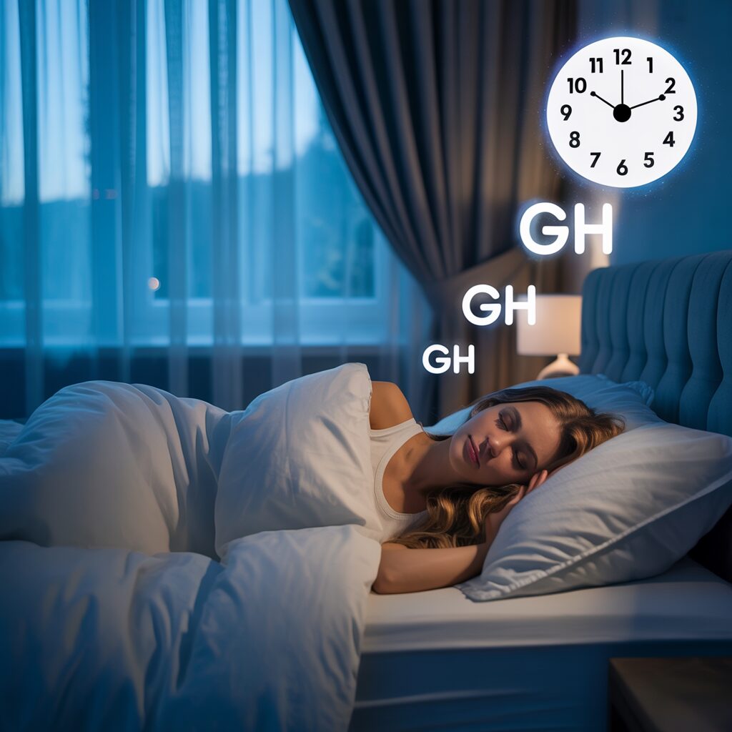 A peaceful, dimly lit bedroom scene with a person sleeping soundly on a plush, comfortable bed. Soft, warm lighting from a bedside lamp casts a gentle glow, creating a cozy, relaxing atmosphere. The sleeper's face is serene, their breathing deep and rhythmic, indicating a state of deep, restorative slumber. In the background, a subtle, dreamlike landscape with ethereal, swirling mists suggests the subconscious realm of the mind. The composition emphasizes the importance of quality sleep for the body's natural growth hormone release and overall health and well-being. A woman sleeps peacefully in bed at night, under cozy white bedding. A clock shows 10:10. Floating "GH" letters suggest growth hormone release.