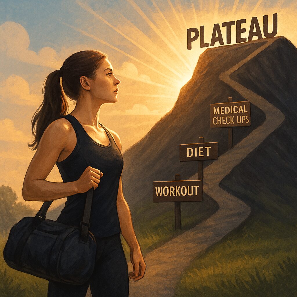 A woman standing at the top of a hill, facing a challenging landscape of steep slopes and obstacles. The foreground is illuminated by warm, golden sunlight, casting a determined expression on her face. In the middle ground, shadowy figures representing weight loss plateaus loom, while in the background, a distant, vibrant landscape symbolizes the success waiting to be achieved. The scene is captured with a wide-angle lens, emphasizing the sense of scale and the woman's resolve to overcome the challenges before her. The overall mood is one of perseverance, resilience, and the triumph of the human spirit. A woman in workout gear stands determinedly at the base of a mountain labeled "Plateau," with signs reading "Workout," "Diet," and "Medical Check-ups" along a winding path.
