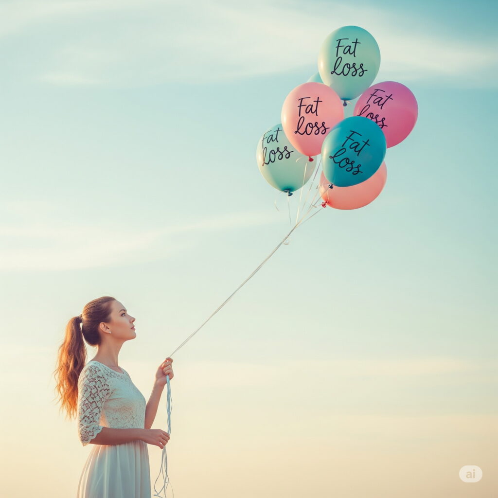 Woman in a white dress holds colorful balloons labeled "Fat Loss" against a serene sky, evoking a sense of hope and lightness.