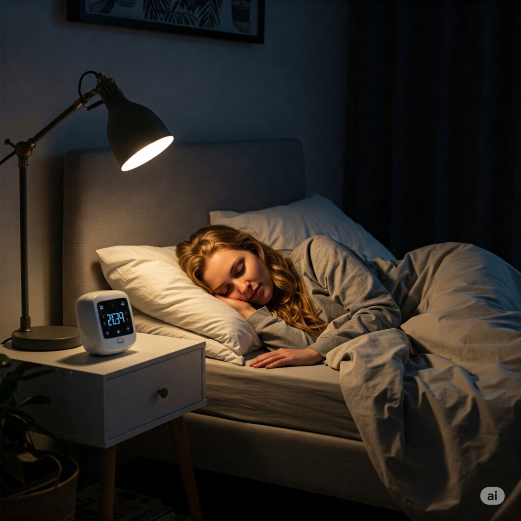 A cozy, well-lit bedroom with a comfortable queen-size bed, plush bedding, and soft lighting. The room has clean, minimalist decor with natural wood accents and potted plants, creating a calming, zen-like atmosphere. A large window overlooking a lush, serene garden allows natural light to filter in, while blackout curtains provide the option for total darkness. On the bedside table, a digital clock and a glass of water sit alongside a book and a small oil diffuser emitting soothing aromas. The overall scene conveys a tranquil, sleep-optimized environment conducive to restful, high-quality sleep. A woman peacefully sleeping in bed under a lamp's soft glow. A digital clock on the bedside table shows 2:29. The scene is calm and serene.