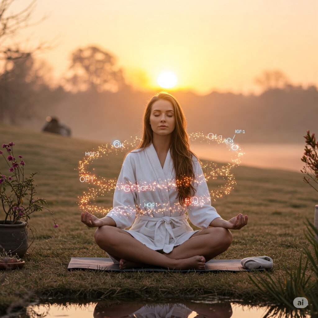 A serene, dimly lit room filled with atmospheric lighting. In the foreground, a person sits cross-legged, eyes closed, deep in meditation. Their face exudes a sense of tranquility and focus, reflecting the physiological processes of fasting and growth hormone release. In the middle ground, a glowing visualization of the human growth hormone molecule hovers, its intricate structure illuminating the connection between fasting and this vital hormone. The background is shrouded in a hazy, dreamlike quality, conveying the mental clarity and rejuvenation that can arise from the fasting state. The overall scene evokes a sense of introspection, balance, and the profound interplay between the mind and body. A woman in a white robe sits cross-legged on a mat, meditating at sunrise in a grassy area. Digital glowing symbols surround her, creating a serene ambiance.