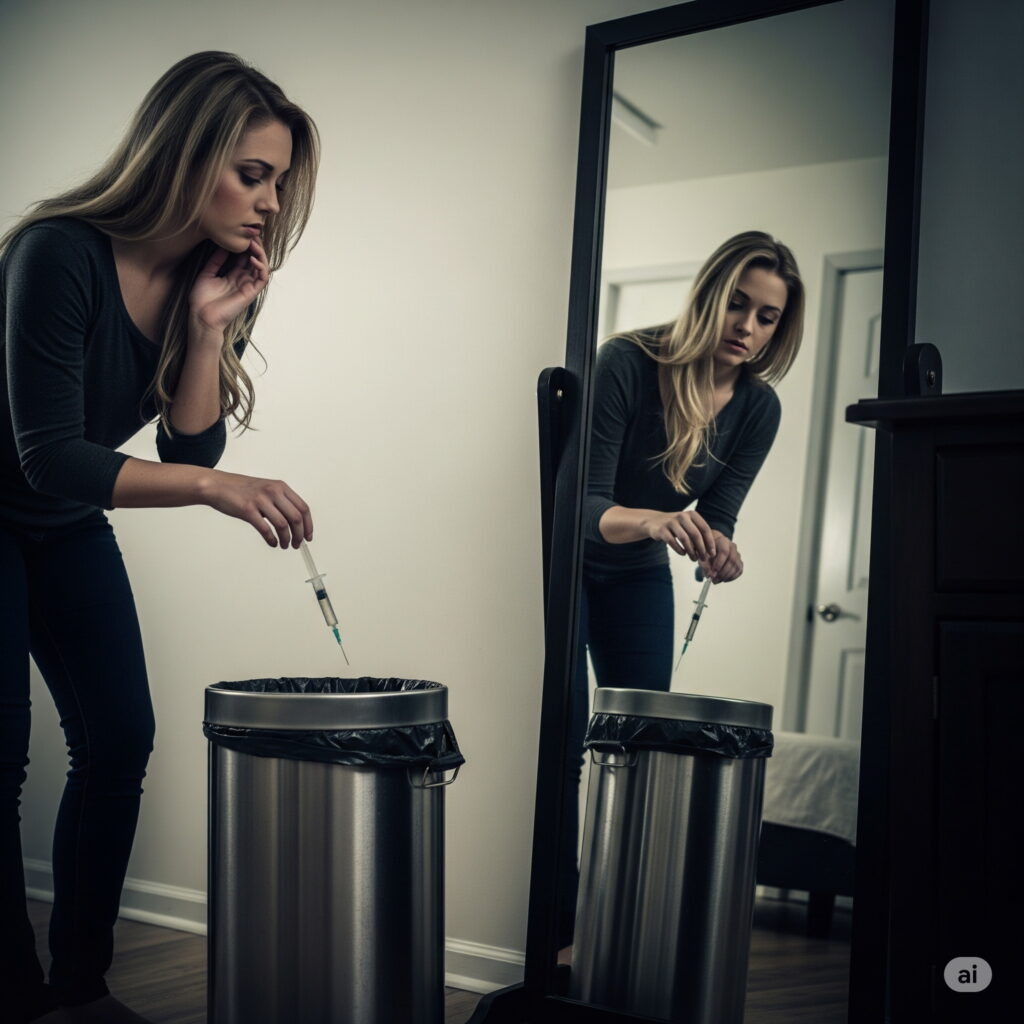 A woman with long hair, wearing a grey top, carefully drops a syringe into a silver trash can. Her expression is contemplative, reflected in a mirror.