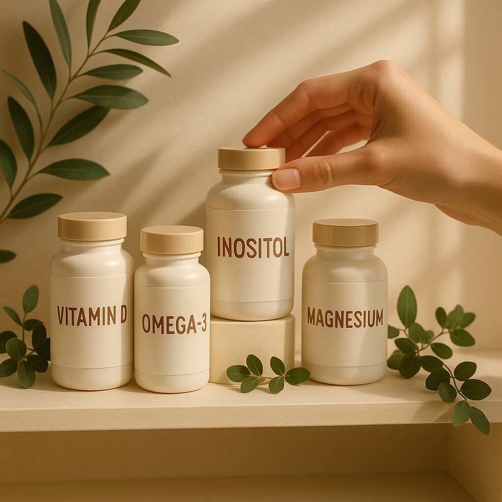 A neatly arranged display of PCOS medication bottles and supplements on a wooden table, with a warm, natural lighting illuminating the scene. The foreground features the medication bottles in various shapes and sizes, creating a visually striking composition. The middle ground showcases a few key PCOS-friendly ingredients, such as inositol, vitamin D, and omega-3 supplements, highlighting their role in hormone balance. The background is softly blurred, maintaining the focus on the medications and supplements. The overall mood is one of calm, reassurance, and a sense of natural, holistic healing. A hand reaches for a bottle labeled "Inositol" among Vitamin D, Omega-3, and Magnesium bottles. All are on a beige shelf with green leaves, in warm light.