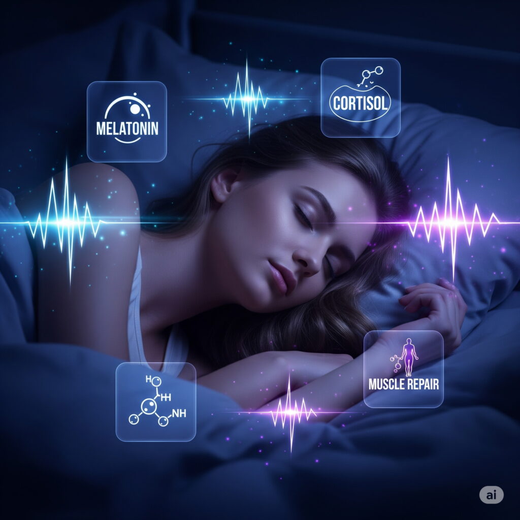 A serene bedroom scene with muted lighting, showcasing the impact of sleep and stress on metabolism. In the foreground, a person lies restlessly on the bed, their expression troubled. Wispy tendrils of stress and fatigue emanate from their figure. In the middle ground, a metabolic chart hovers, displaying fluctuating lines, representing the disruption to the body's regulatory processes. The background features a blurred cityscape, symbolizing the demands of modern life. The overall atmosphere conveys the delicate balance between physical and mental well-being, and the importance of understanding the holistic impact of lifestyle choices on metabolic health. A woman sleeping peacefully in a dark room, surrounded by symbols of melatonin, cortisol, and muscle repair, depicting restful sleep's health benefits.
