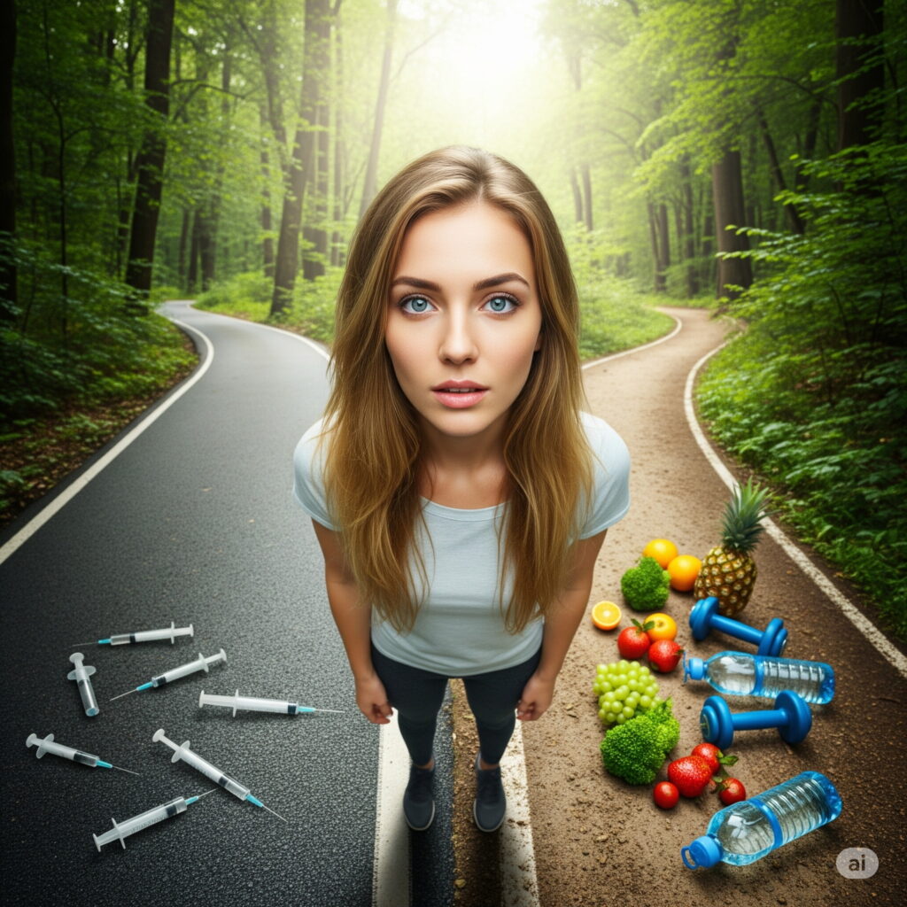 A woman stands at a fork in a forest path. One path has syringes, the other has fruits, vegetables, water, and weights. She appears contemplative.