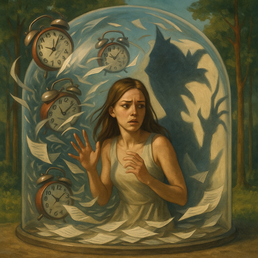 Detailed scene of a woman struggling with PCOS, set against a dimly lit bedroom. In the foreground, the figure tosses and turns restlessly, gripped by anxiety and fatigue. Muted lighting casts shadows across her face, conveying the weight of her condition. In the middle ground, medical diagrams and supplements allude to the complex physiological mechanisms of PCOS. The background is shrouded in a hazy, dreamlike quality, evoking the disrupted sleep patterns that exacerbate this hormonal disorder. Subtle, muted tones and a somber mood capture the impact of stress and poor sleep on PCOS and weight management. A fearful woman in a glass dome, surrounded by floating clocks and papers, with a wolf's shadow in the background. The scene depicts tension and urgency.