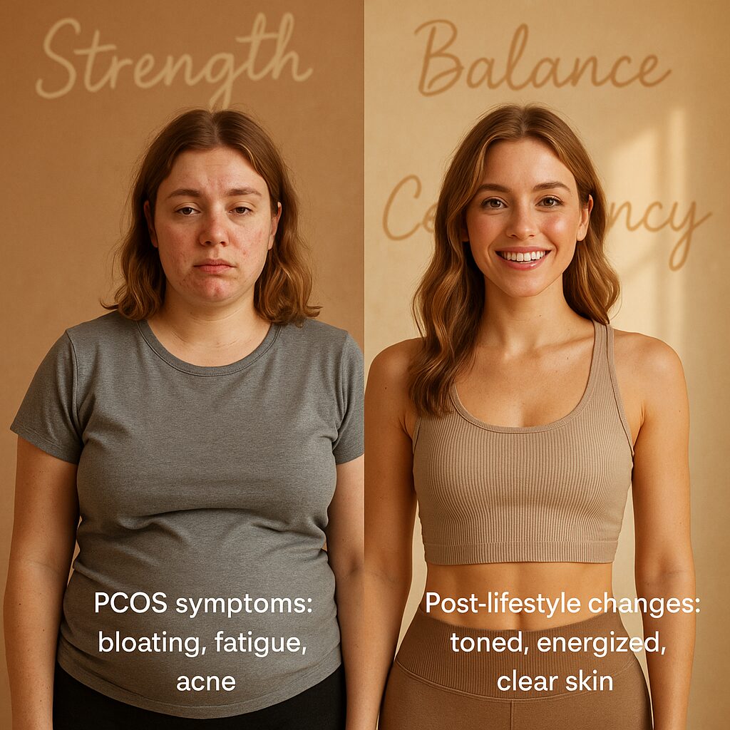 Split image: Left side shows a woman with PCOS symptoms, looking fatigued; right side shows her post-lifestyle changes, appearing toned and energized.