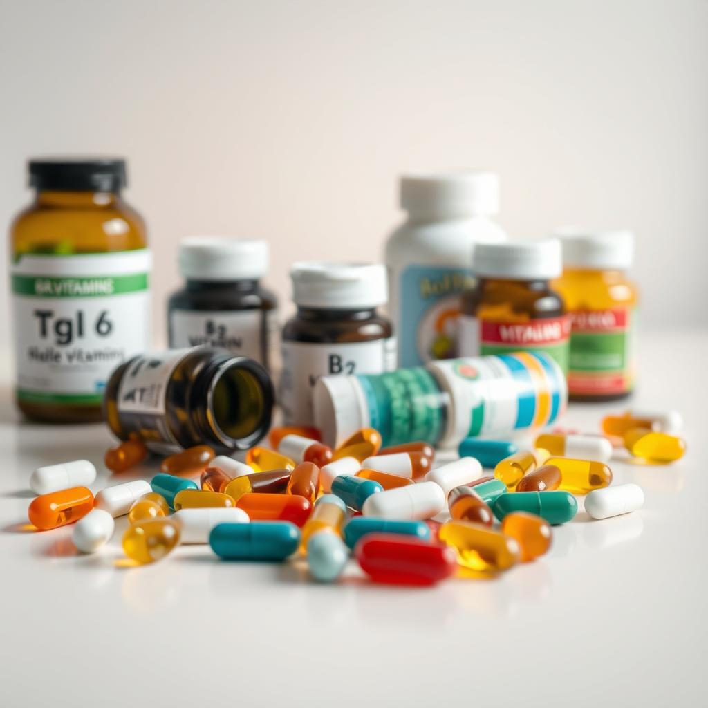 A beautifully lit close-up photograph of a collection of various B vitamin supplements, including vitamin B1, B2, B6, and B12 capsules, tablets, and softgels, arranged on a clean, light-colored surface. The foreground features the supplements in sharp focus, showcasing their vibrant colors and textures. The middle ground blurs slightly, creating a sense of depth and drawing the viewer's attention to the subject. The background is a subtle, almost ethereal gradient, complementing the clean, minimalist aesthetic and emphasizing the importance of these essential nutrients for metabolic health. The overall mood is one of simplicity, clarity, and the vital role B vitamins play in supporting the body's natural processes.