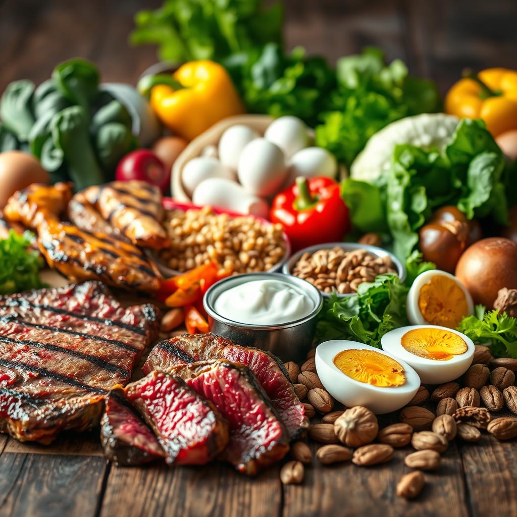 A bountiful spread of nutrient-dense protein-rich foods arranged on a rustic wooden table, bathed in warm, natural lighting. In the foreground, juicy steak, succulent grilled chicken, and hearty lentils. In the middle ground, crisp hard-boiled eggs, creamy Greek yogurt, and crunchy nuts. The background features a collection of fresh vegetables, such as leafy greens, vibrant bell peppers, and earthy mushrooms. The composition evokes a sense of abundance, health, and vitality, perfectly capturing the essence of how protein-rich foods can boost metabolism. A bountiful spread of nutrient-dense protein-rich foods arranged on a rustic wooden table, bathed in warm, natural lighting. In the foreground, juicy steak, succulent grilled chicken, and hearty lentils. In the middle ground, crisp hard-boiled eggs, creamy Greek yogurt, and crunchy nuts. The background features a collection of fresh vegetables, such as leafy greens, vibrant bell peppers, and earthy mushrooms. The composition evokes a sense of abundance, health, and vitality, perfectly capturing the essence of how protein-rich foods can boost metabolism.