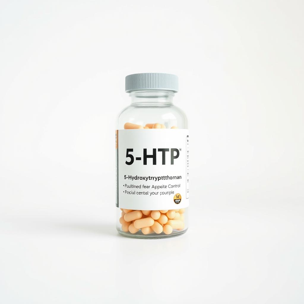 A close-up photograph of a glass bottle filled with 5-HTP (5-Hydroxytryptophan) supplements, set against a plain white background with soft, even lighting. The bottle is placed slightly off-center, creating an asymmetrical composition. The label on the bottle prominently displays the "5-HTP" text, along with any relevant information about the product's use for appetite control. The image has a clean, minimalist aesthetic, allowing the subject to be the sole focus, conveying a sense of simplicity and efficacy.