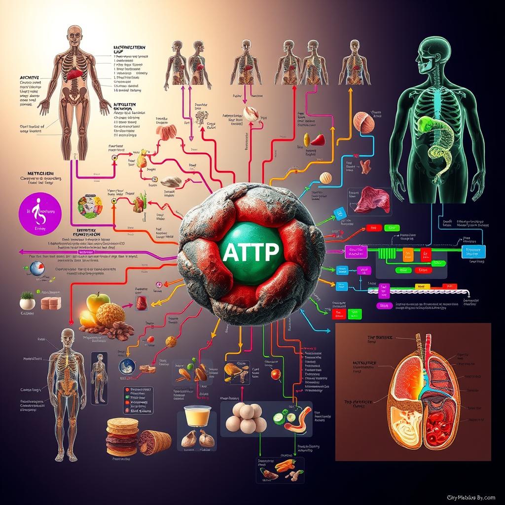 A detailed diagram depicting the complex processes of metabolism and energy conversion. In the foreground, a central mitochondrion illustrates the site of ATP production through oxidative phosphorylation. Surrounding it, a network of interconnected pathways showcases the conversion of macronutrients into usable energy, highlighted by vibrant visualizations of glycolysis, the Krebs cycle, and the electron transport chain. In the middle ground, anatomical cross-sections reveal the integration of these metabolic mechanisms within various tissues, organs, and organ systems. The background features a subtle, ethereal glow, conveying the vital, life-sustaining nature of these fundamental biological processes. A detailed diagram depicting the complex processes of metabolism and energy conversion. In the foreground, a central mitochondrion illustrates the site of ATP production through oxidative phosphorylation. Surrounding it, a network of interconnected pathways showcases the conversion of macronutrients into usable energy, highlighted by vibrant visualizations of glycolysis, the Krebs cycle, and the electron transport chain. In the middle ground, anatomical cross-sections reveal the integration of these metabolic mechanisms within various tissues, organs, and organ systems. The background features a subtle, ethereal glow, conveying the vital, life-sustaining nature of these fundamental biological processes.