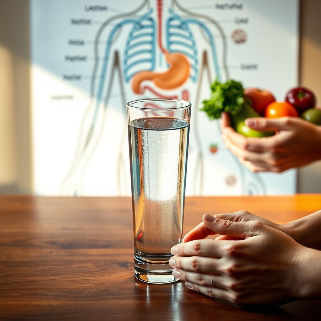 A glass of clear, refreshing water rests on a polished wooden table, glistening under warm, diffused lighting. In the background, an anatomical diagram depicting the human digestive system and metabolic pathways unfolds, showcasing the intricate connections between hydration and metabolism. The foreground features hands delicately arranging fresh fruits and vegetables, symbolizing the importance of balanced, nutrient-rich nutrition in maintaining a healthy metabolic state. The scene exudes a sense of equilibrium, highlighting the synergistic relationship between proper hydration and optimal metabolic function. A glass of clear, refreshing water rests on a polished wooden table, glistening under warm, diffused lighting. In the background, an anatomical diagram depicting the human digestive system and metabolic pathways unfolds, showcasing the intricate connections between hydration and metabolism. The foreground features hands delicately arranging fresh fruits and vegetables, symbolizing the importance of balanced, nutrient-rich nutrition in maintaining a healthy metabolic state. The scene exudes a sense of equilibrium, highlighting the synergistic relationship between proper hydration and optimal metabolic function.