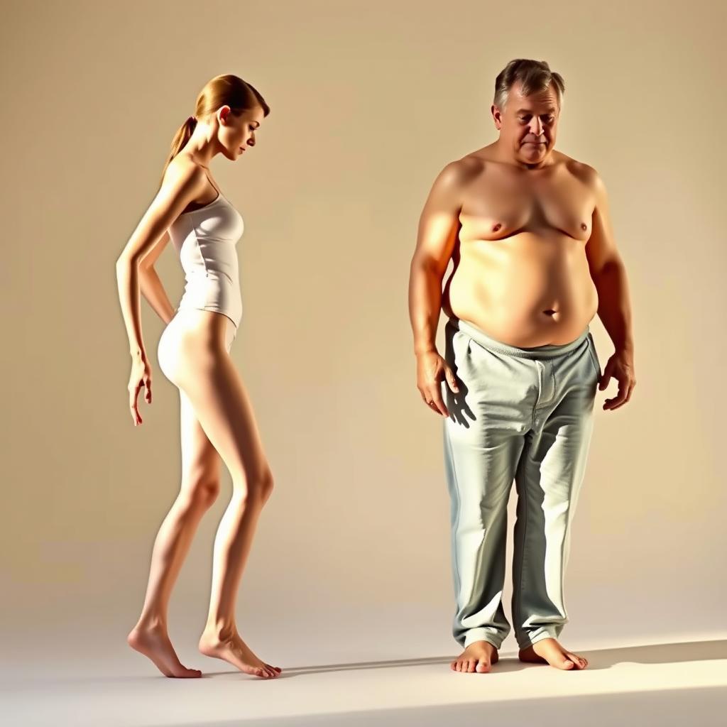 A pair of human figures, one with a slim, energetic build, the other with a heavier, sluggish appearance, standing side by side against a plain, neutral background. The slender figure moves with a dynamic, almost kinetic energy, while the larger figure appears to sag and slouch, radiating a sense of fatigue. Warm, natural lighting illuminates the figures from the side, casting long shadows and highlighting the contrasting physiologies. The scene conveys the visual dichotomy between fast and slow metabolisms, capturing the essence of the "Myths and Realities" section of the article. A pair of human figures, one with a slim, energetic build, the other with a heavier, sluggish appearance, standing side by side against a plain, neutral background. The slender figure moves with a dynamic, almost kinetic energy, while the larger figure appears to sag and slouch, radiating a sense of fatigue. Warm, natural lighting illuminates the figures from the side, casting long shadows and highlighting the contrasting physiologies. The scene conveys the visual dichotomy between fast and slow metabolisms, capturing the essence of the "Myths and Realities" section of the article.