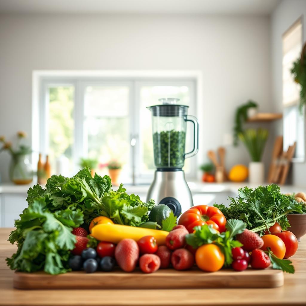 A serene, well-lit kitchen with an airy, minimalist aesthetic. In the foreground, an array of fresh, vibrant produce - leafy greens, juicy berries, crisp vegetables - arranged artfully on a wooden cutting board. In the middle ground, a sleek, stainless steel blender stands ready, its blades gleaming, hinting at the nutrient-dense smoothies to come. The background features a large window, allowing natural light to flood the space, imbuing the scene with a sense of vitality and energy. The overall mood is one of balance, wellness, and the pursuit of weight loss without compromising metabolic health. A serene, well-lit kitchen with an airy, minimalist aesthetic. In the foreground, an array of fresh, vibrant produce - leafy greens, juicy berries, crisp vegetables - arranged artfully on a wooden cutting board. In the middle ground, a sleek, stainless steel blender stands ready, its blades gleaming, hinting at the nutrient-dense smoothies to come. The background features a large window, allowing natural light to flood the space, imbuing the scene with a sense of vitality and energy. The overall mood is one of balance, wellness, and the pursuit of weight loss without compromising metabolic health.