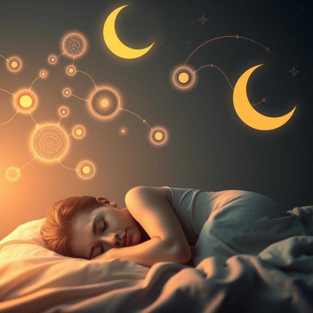 A tranquil scene of a sleeping figure resting peacefully, surrounded by icons symbolizing metabolic processes. In the foreground, the person lies curled up, their expression serene, bathed in a soft, warm light. In the middle ground, glowing orbs and wisps of energy represent the complex biochemical reactions that govern the body's energy production and storage. In the background, a stylized depiction of the circadian rhythm, with a crescent moon and stars, suggesting the crucial link between sleep and metabolism. The overall atmosphere is one of balance, harmony, and the restorative power of slumber. A tranquil scene of a sleeping figure resting peacefully, surrounded by icons symbolizing metabolic processes. In the foreground, the person lies curled up, their expression serene, bathed in a soft, warm light. In the middle ground, glowing orbs and wisps of energy represent the complex biochemical reactions that govern the body's energy production and storage. In the background, a stylized depiction of the circadian rhythm, with a crescent moon and stars, suggesting the crucial link between sleep and metabolism. The overall atmosphere is one of balance, harmony, and the restorative power of slumber.