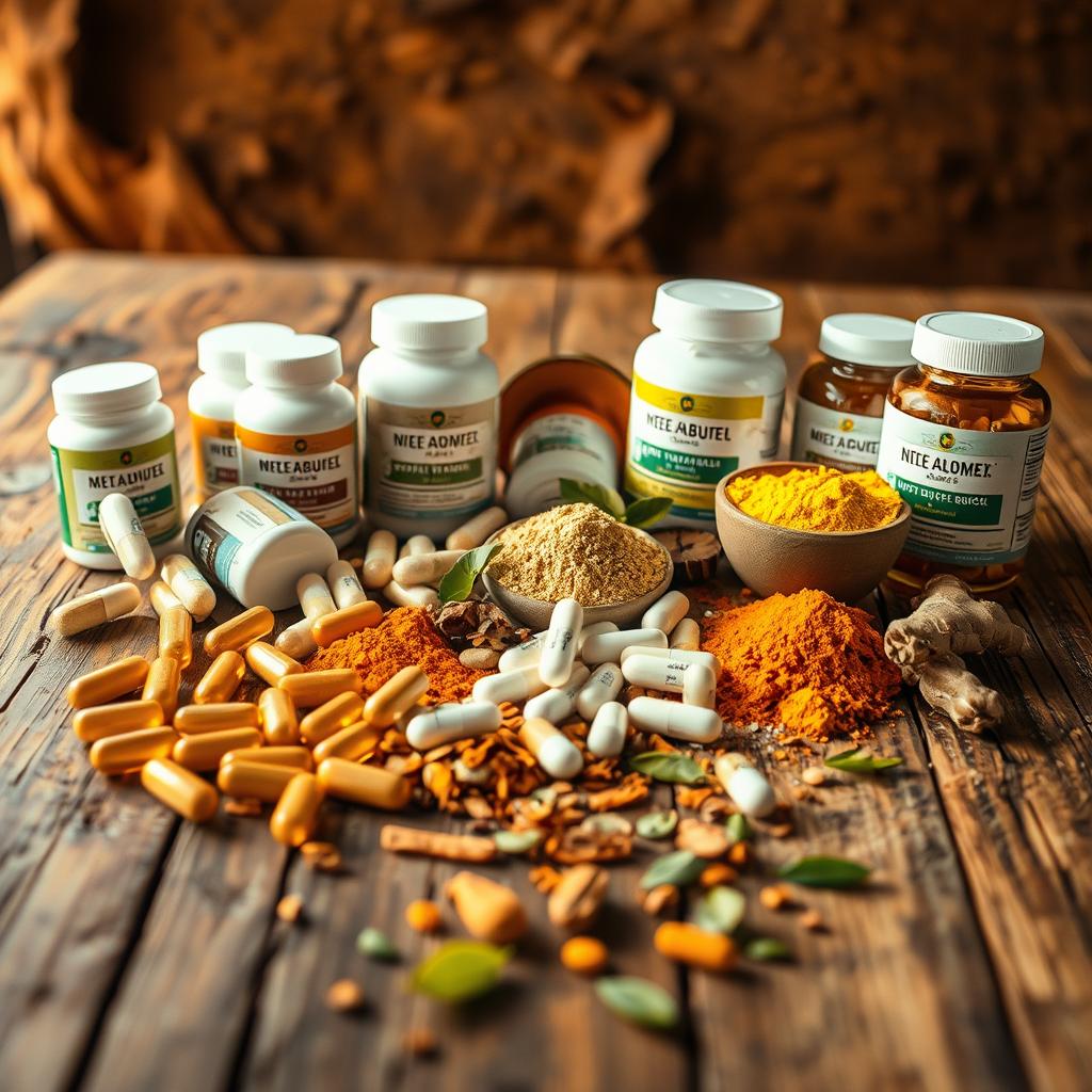 A vibrant array of underdog metabolism-boosting supplements lie on a rustic wooden surface, illuminated by warm, golden lighting. In the foreground, various capsules, tablets, and powders are arranged with care, showcasing their natural, unassuming appearance. The middle ground features a scattering of botanical ingredients like ginger, turmeric, and green tea leaves, hinting at the herbal foundations of these promising but lesser-known supplements. In the background, a blurred, earthy backdrop suggests a connection to the natural world, creating an atmosphere of authenticity and health-conscious wellness.