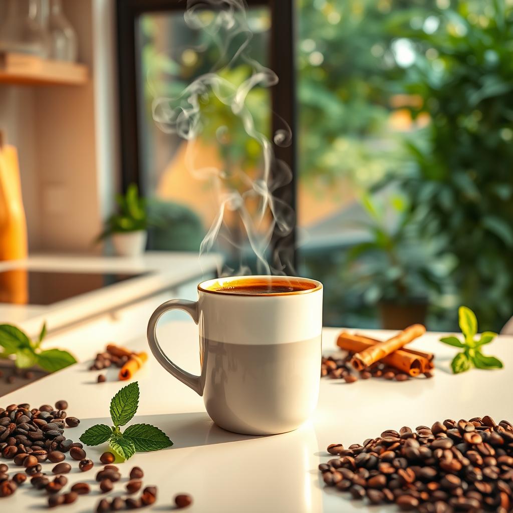 A vibrant, high-energy scene of a steaming mug of coffee against a backdrop of natural elements. In the foreground, the mug emits swirling steam, its rich, dark brown hue contrasted by a touch of cream. Surrounding the mug, an array of botanicals, such as freshly ground coffee beans, cinnamon sticks, and a sprig of mint, creating a sense of vitality and metabolism-boosting properties. The middle ground features a sleek, modern kitchen counter, its clean lines and reflective surface accentuating the lighting. In the background, a window overlooking a lush, verdant garden, bathed in warm, diffused natural light, conveying a sense of wellness and rejuvenation. The overall mood is one of productivity, focus, and a heightened state of being, capturing the essence of caffeine's impact on metabolism.