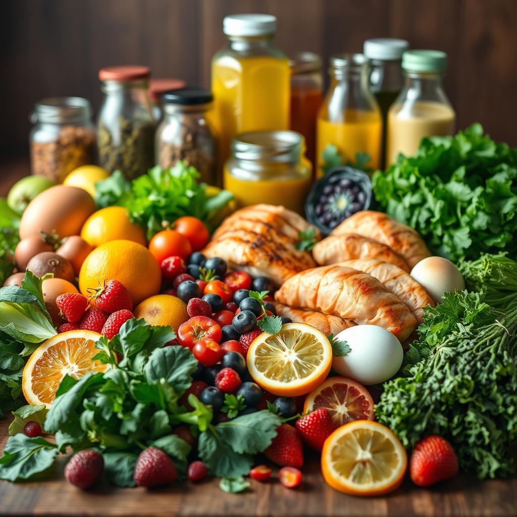A vibrant still life arrangement showcasing a variety of metabolism-boosting foods. In the foreground, an array of fresh produce including leafy greens, citrus fruits, berries, and cruciferous vegetables, arranged artfully on a wooden surface. In the middle ground, a selection of lean protein sources such as grilled chicken, salmon, and eggs. The background features jars of spices, herbs, and healthy oils, creating a warm, earthy ambiance. Soft, directional lighting casts a gentle glow, highlighting the vibrant colors and textures of the ingredients. The composition is balanced and visually appealing, conveying the idea of a nourishing, metabolism-boosting meal. A vibrant still life arrangement showcasing a variety of metabolism-boosting foods. In the foreground, an array of fresh produce including leafy greens, citrus fruits, berries, and cruciferous vegetables, arranged artfully on a wooden surface. In the middle ground, a selection of lean protein sources such as grilled chicken, salmon, and eggs. The background features jars of spices, herbs, and healthy oils, creating a warm, earthy ambiance. Soft, directional lighting casts a gentle glow, highlighting the vibrant colors and textures of the ingredients. The composition is balanced and visually appealing, conveying the idea of a nourishing, metabolism-boosting meal.