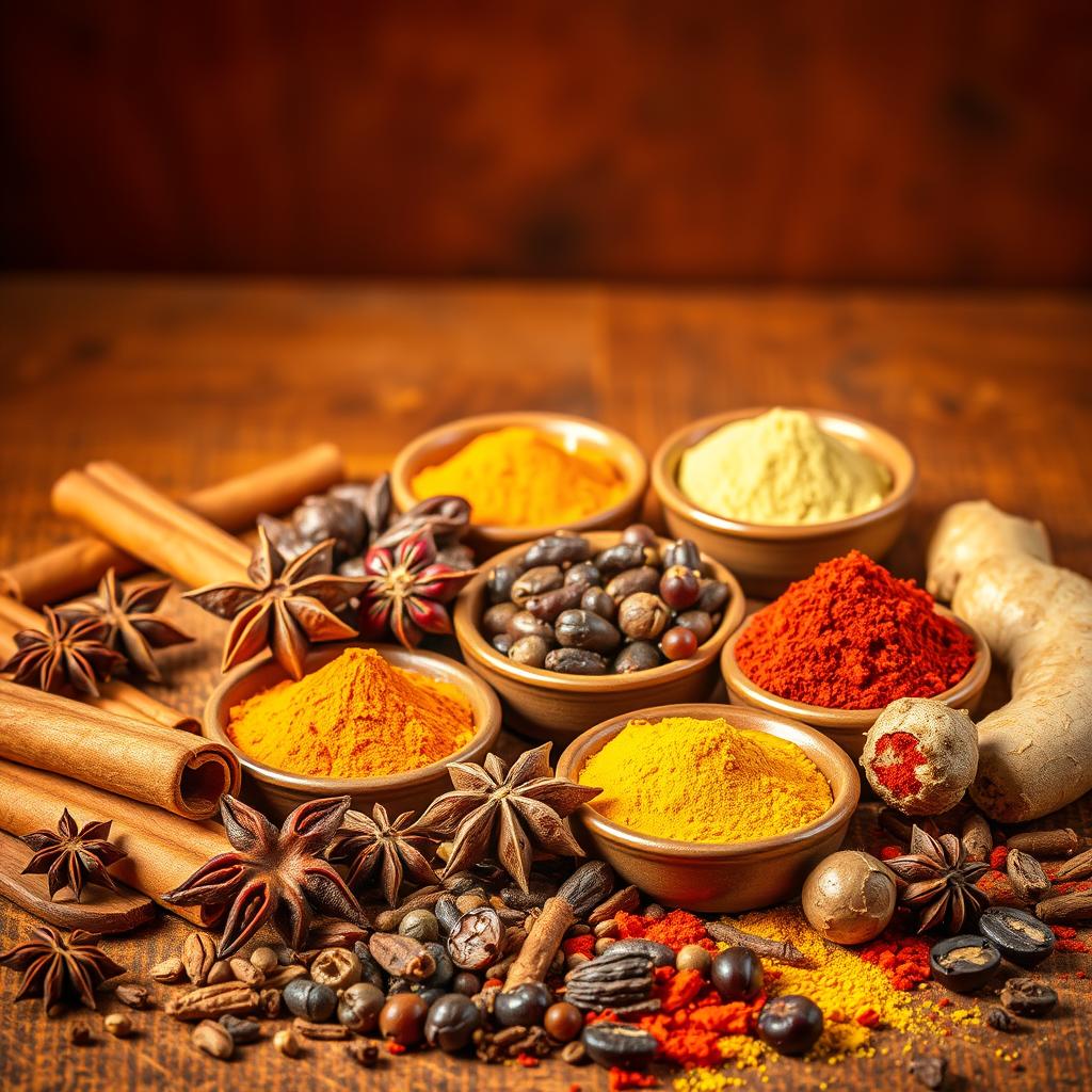 A vibrant still life showcasing an assortment of aromatic spices against a warm, textured backdrop. In the foreground, a collection of whole spices - cinnamon sticks, whole cloves, star anise, and whole peppercorns - arranged in a visually striking manner. The middle ground features ground spice powders - turmeric, cayenne, and ginger - spilling out of small ceramic bowls. Warm, diffused lighting casts subtle shadows, highlighting the depth and richness of the spices. The background features a rustic, wooden surface, adding a sense of grounded, natural elegance. The overall composition and lighting convey a sense of energy and vitality, alluding to the revitalizing properties of the spices. A vibrant still life showcasing an assortment of aromatic spices against a warm, textured backdrop. In the foreground, a collection of whole spices - cinnamon sticks, whole cloves, star anise, and whole peppercorns - arranged in a visually striking manner. The middle ground features ground spice powders - turmeric, cayenne, and ginger - spilling out of small ceramic bowls. Warm, diffused lighting casts subtle shadows, highlighting the depth and richness of the spices. The background features a rustic, wooden surface, adding a sense of grounded, natural elegance. The overall composition and lighting convey a sense of energy and vitality, alluding to the revitalizing properties of the spices.