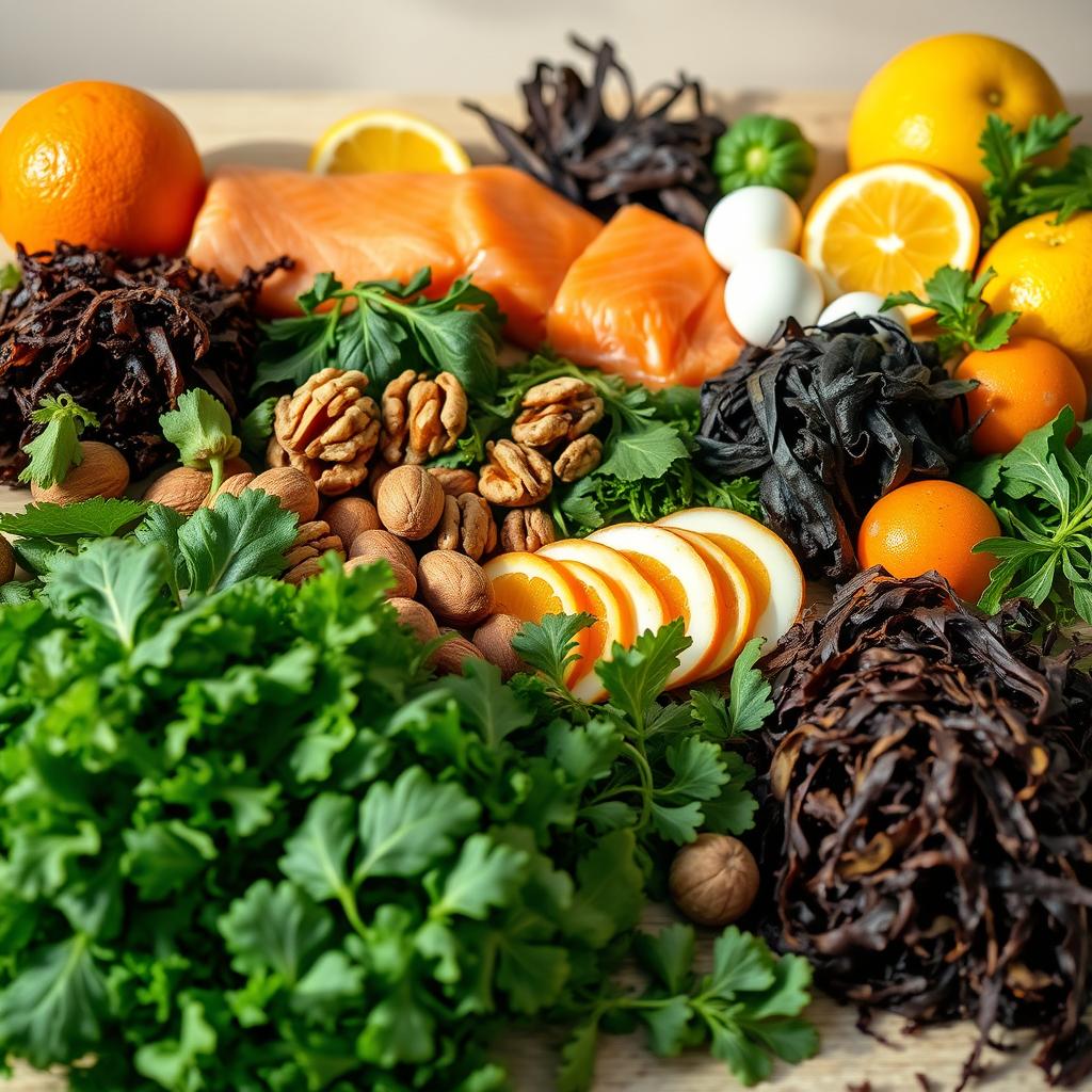 A vibrant still life showcasing an assortment of thyroid-supporting foods, bathed in warm, natural lighting. In the foreground, a variety of leafy greens - kale, spinach, and arugula - arranged elegantly. In the middle ground, slices of nutrient-dense foods like salmon, walnuts, and eggs. In the background, a selection of iodine-rich seaweeds and citrus fruits. The composition is balanced, with the ingredients seamlessly integrated, conveying a sense of health, nourishment, and productivity. Photographed with a medium-format camera, the image has a soft, dreamlike quality that invites the viewer to appreciate the beauty and benefits of these thyroid-boosting foods. A vibrant still life showcasing an assortment of thyroid-supporting foods, bathed in warm, natural lighting. In the foreground, a variety of leafy greens - kale, spinach, and arugula - arranged elegantly. In the middle ground, slices of nutrient-dense foods like salmon, walnuts, and eggs. In the background, a selection of iodine-rich seaweeds and citrus fruits. The composition is balanced, with the ingredients seamlessly integrated, conveying a sense of health, nourishment, and productivity. Photographed with a medium-format camera, the image has a soft, dreamlike quality that invites the viewer to appreciate the beauty and benefits of these thyroid-boosting foods.