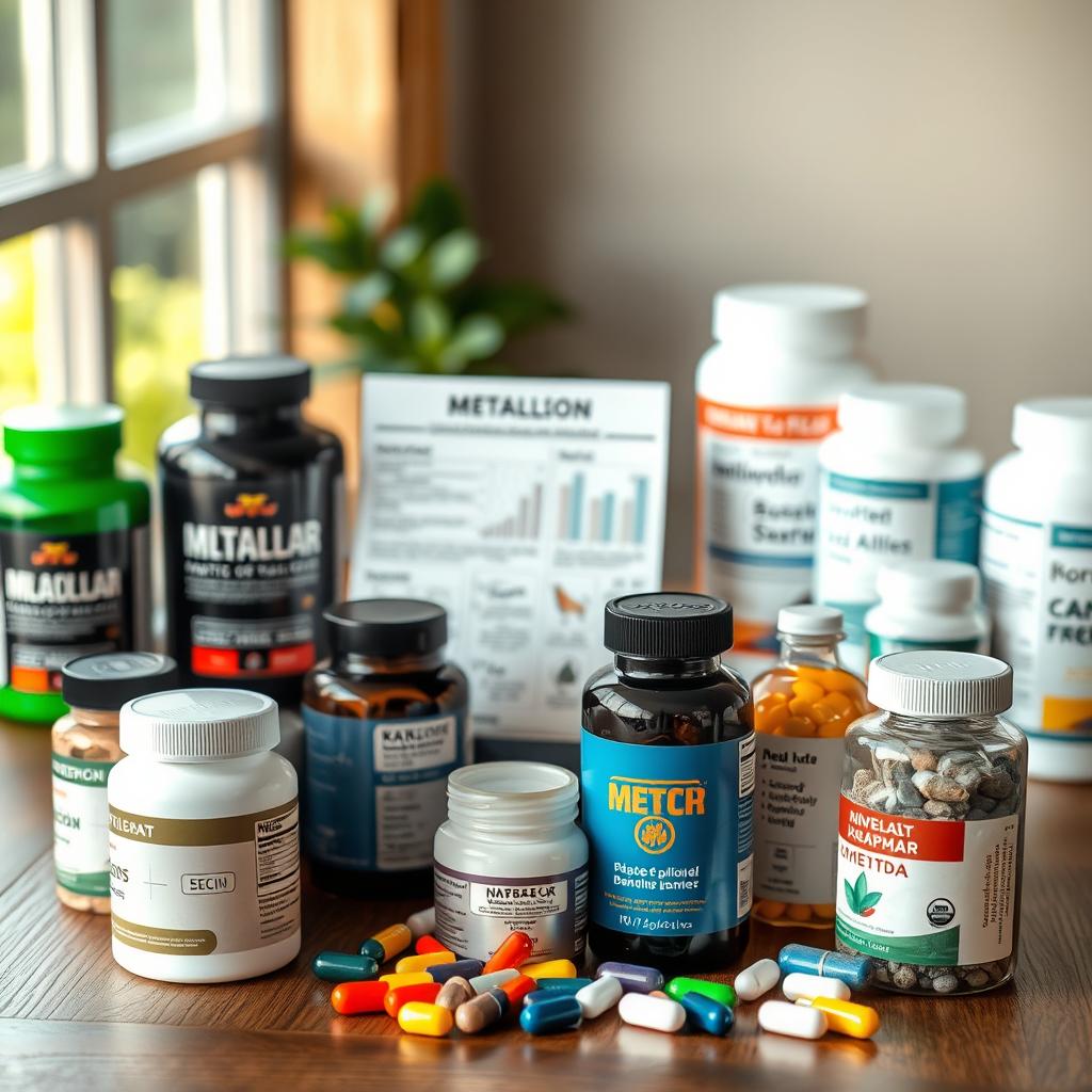 A well-lit and inviting arrangement of various metabolism-boosting supplements on a wooden table. In the foreground, an assortment of colorful capsules, tablets, and powders are neatly organized, conveying a sense of informed choice. The middle ground features a selection of informative labels and product descriptions, allowing the viewer to carefully evaluate the options. The background subtly suggests a serene, natural setting, creating a calming atmosphere that encourages mindful decision-making. The overall composition evokes a balanced, researched approach to selecting the right supplements to support healthy metabolism.