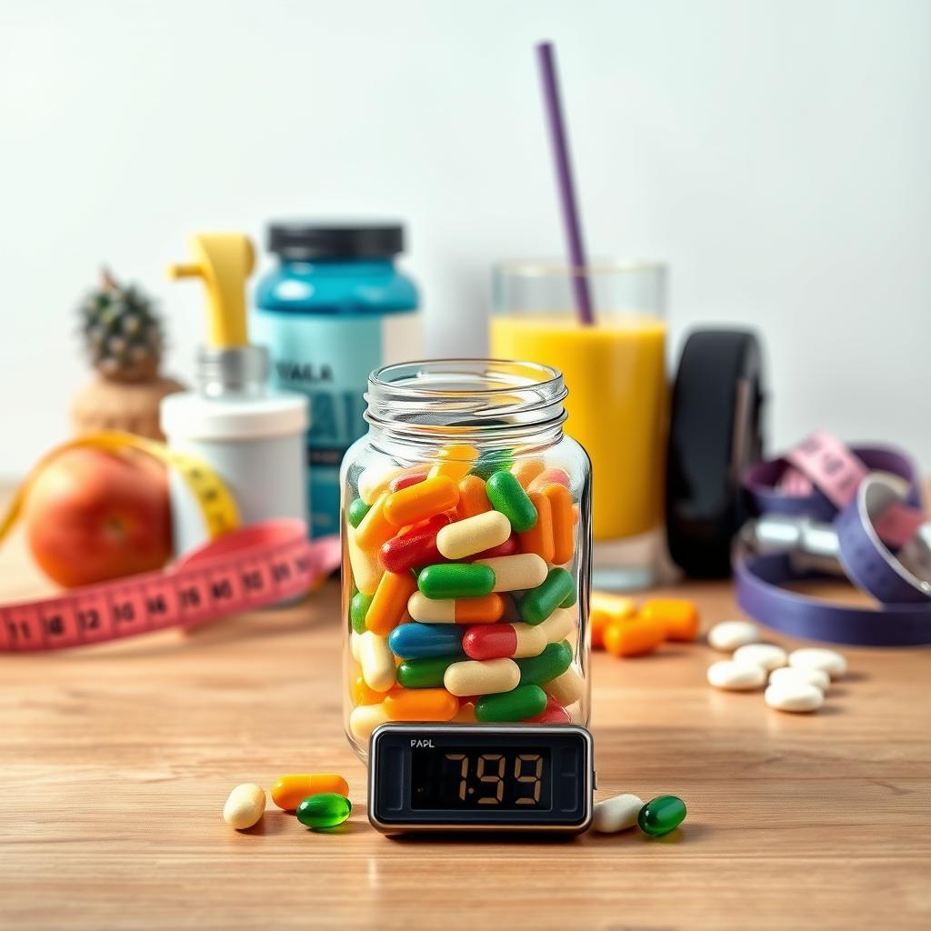 A well-lit still life on a wooden table, showcasing an assortment of metabolism-boosting supplements. In the foreground, a glass jar filled with colorful capsules and tablets sits alongside a digital timer, symbolizing the importance of timing supplement intake. In the middle ground, various health-centric items such as a measuring tape, a smoothie glass, and a fitness tracker create a sense of a balanced lifestyle. The background features a clean, minimalist backdrop, allowing the main elements to take center stage and emphasize the integration of these supplements into a weight loss plan.