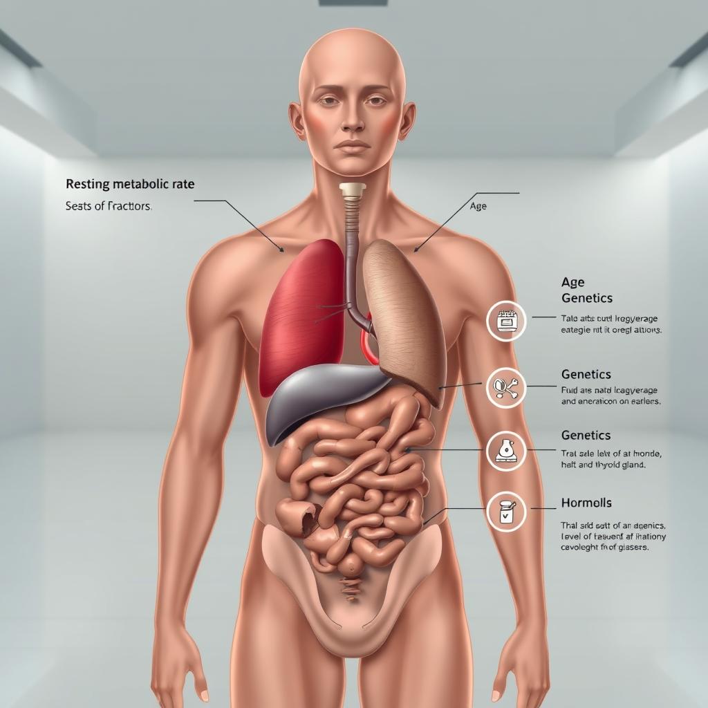 Detailed anatomical diagram of human resting metabolic rate, with a focus on key factors that influence it. Rendered in precise, technical illustration style with muted colors and subtle lighting. Foreground shows cross-section of human torso, highlighting major organs and systems involved in metabolism, such as the liver, muscles, and thyroid gland. Midground depicts factors like age, genetics, and hormone levels as icons or infographic elements. Background features a clean, minimalist environment with a sense of scientific objectivity. Detailed anatomical diagram of human resting metabolic rate, with a focus on key factors that influence it. Rendered in precise, technical illustration style with muted colors and subtle lighting. Foreground shows cross-section of human torso, highlighting major organs and systems involved in metabolism, such as the liver, muscles, and thyroid gland. Midground depicts factors like age, genetics, and hormone levels as icons or infographic elements. Background features a clean, minimalist environment with a sense of scientific objectivity.