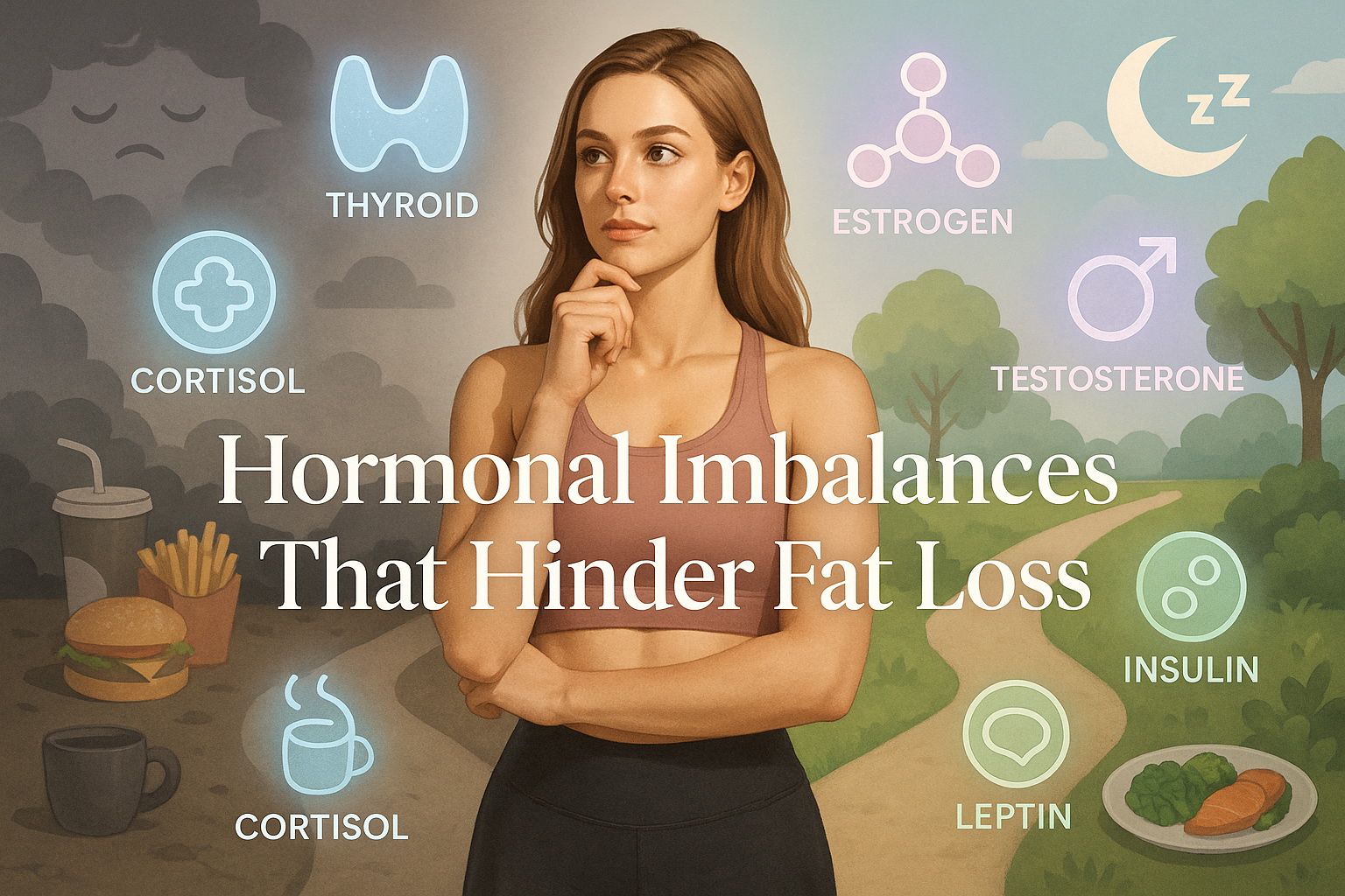 Woman in athletic wear ponders; surrounded by symbols for thyroid, cortisol, estrogen, testosterone, insulin, and leptin—representing hormones affecting fat loss. In the background, unhealthy and healthy choices are depicted. Text reads: "Hormonal Imbalances That Hinder Fat Loss."
