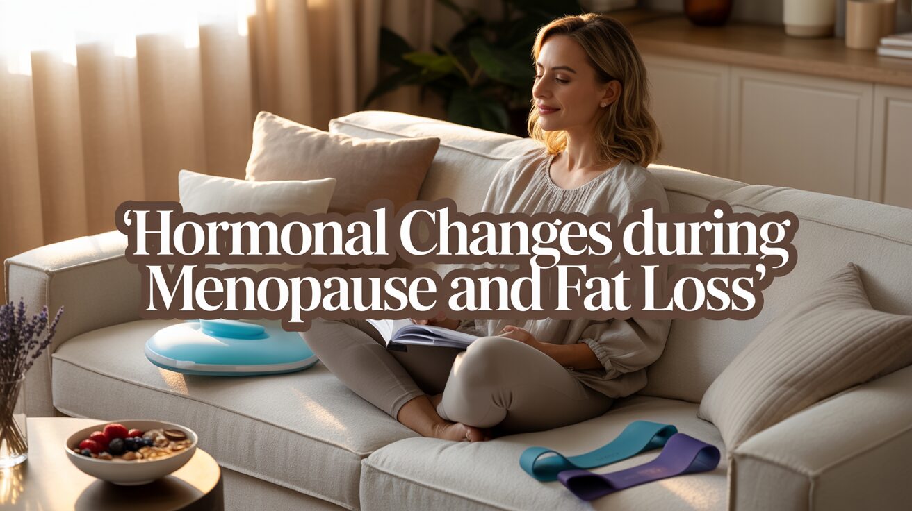 A woman sits peacefully on a sofa with a book, surrounded by cozy decor. Exercise bands lie nearby. Text overlay reads, "Hormonal Changes during Menopause and Fat Loss."