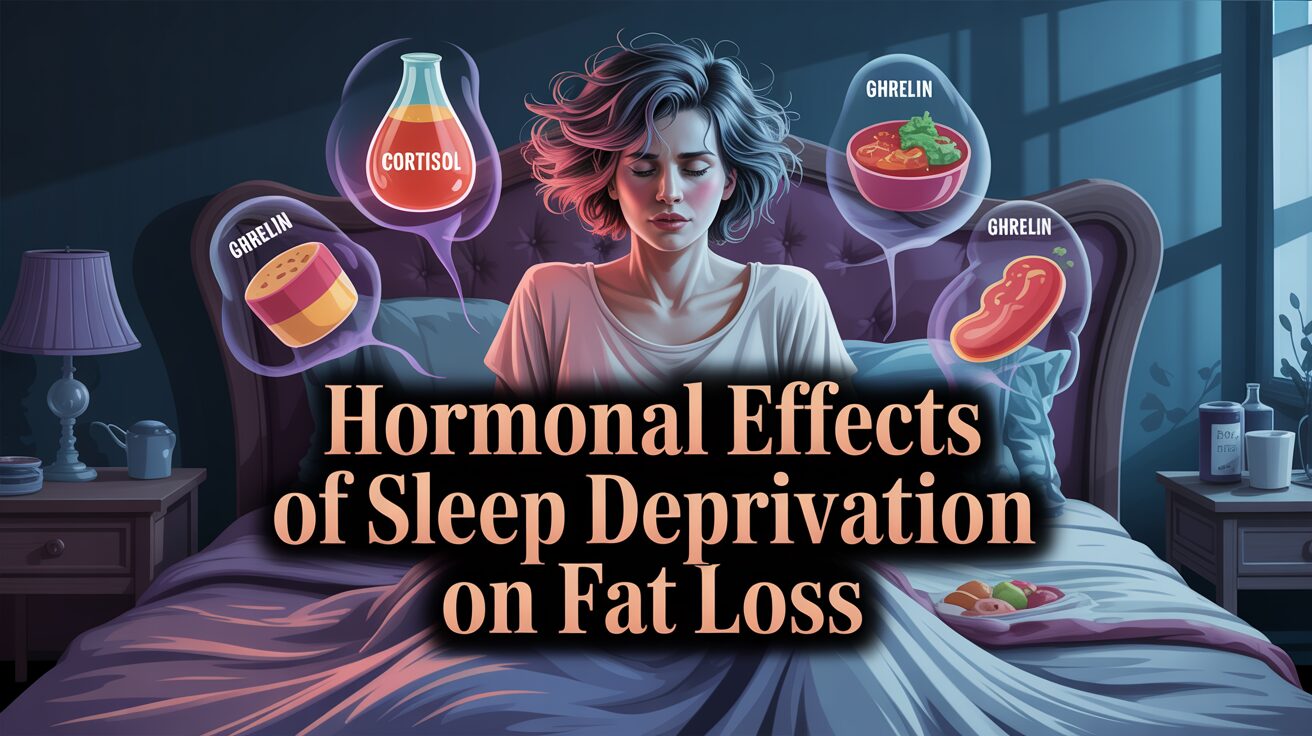 A woman sitting on a bed looks tired, surrounded by illustrations of cortisol and ghrelin. The text reads, "Hormonal Effects of Sleep Deprivation on Fat Loss."