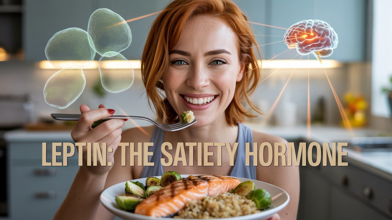 Smiling woman holds a fork with food, plate of salmon and greens in front. Background shows floating brain and cells, text reads "Leptin: The Satiety Hormone."