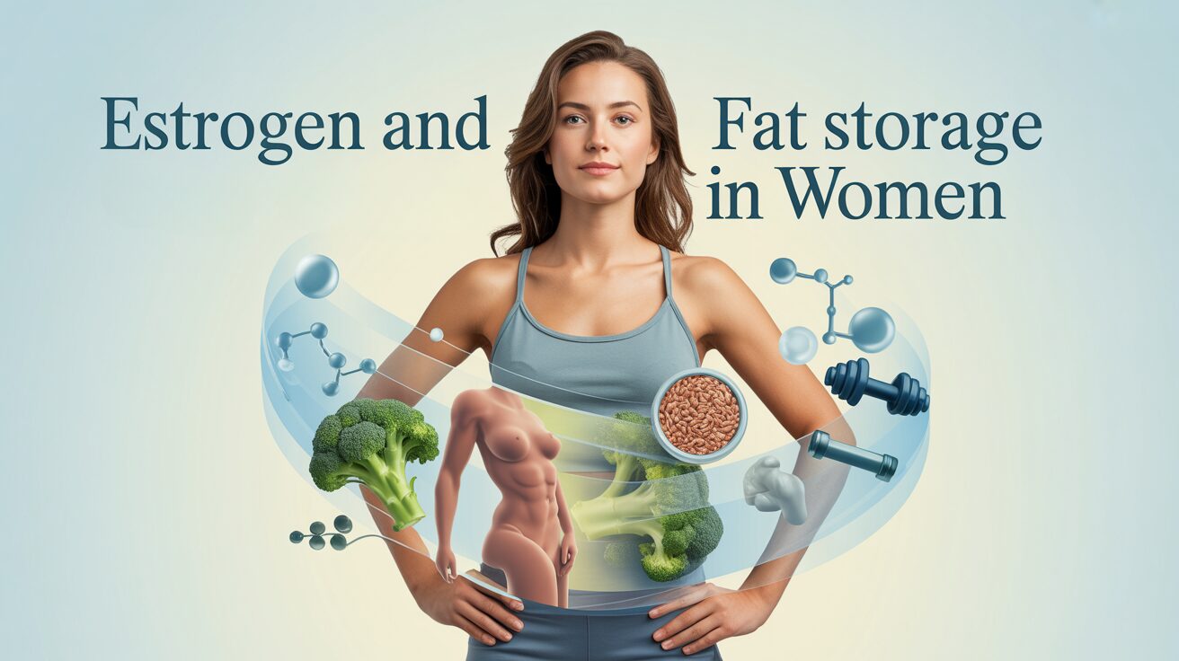 Woman in sportswear, surrounded by illustrations of broccoli, grains, a dumbbell, molecules, and a female torso, under the text "Estrogen and Fat Storage in Women".