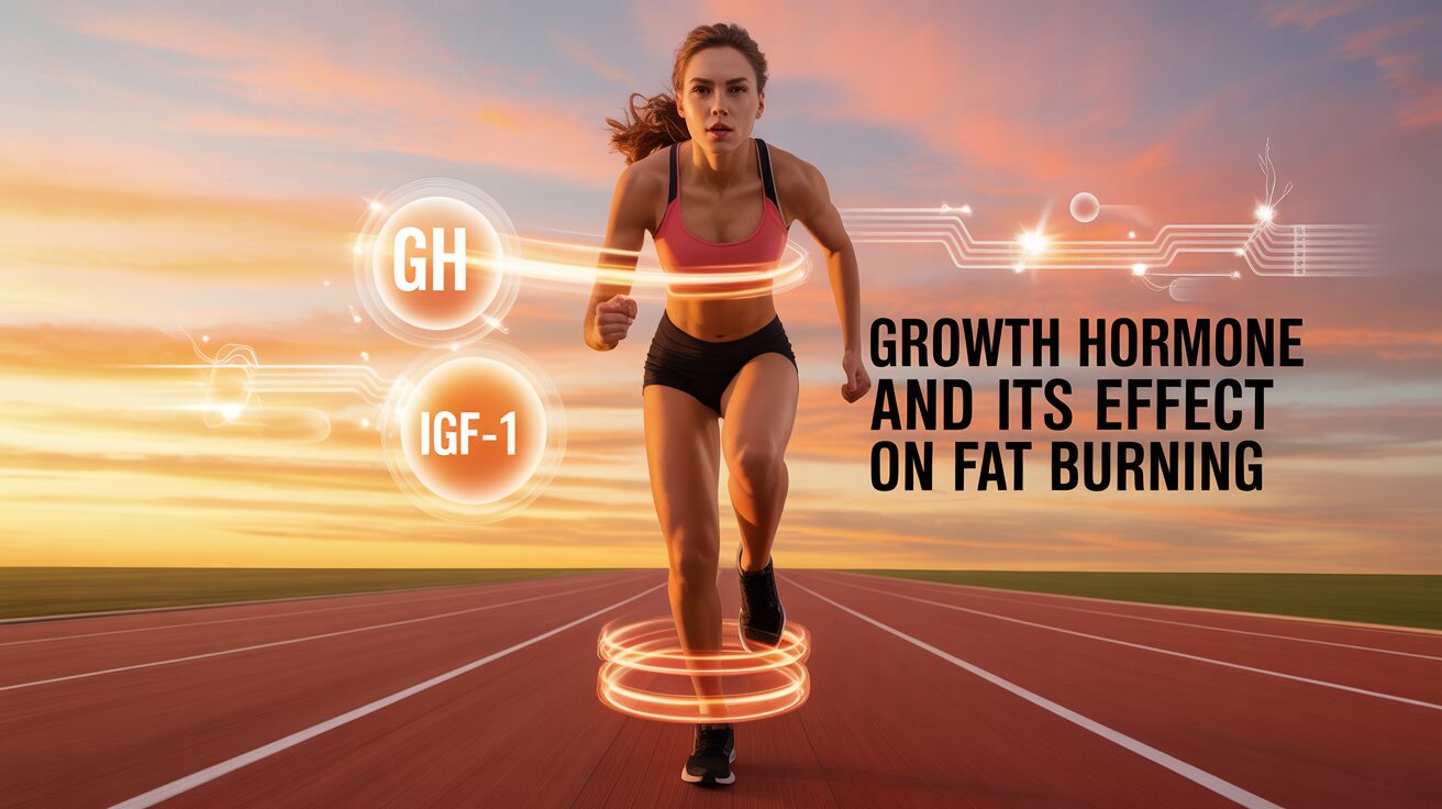 Athletic woman running on a track at sunset, surrounded by glowing lines. Text: "Growth Hormone and Its Effect on Fat Burning." Keywords: fitness, hormones.