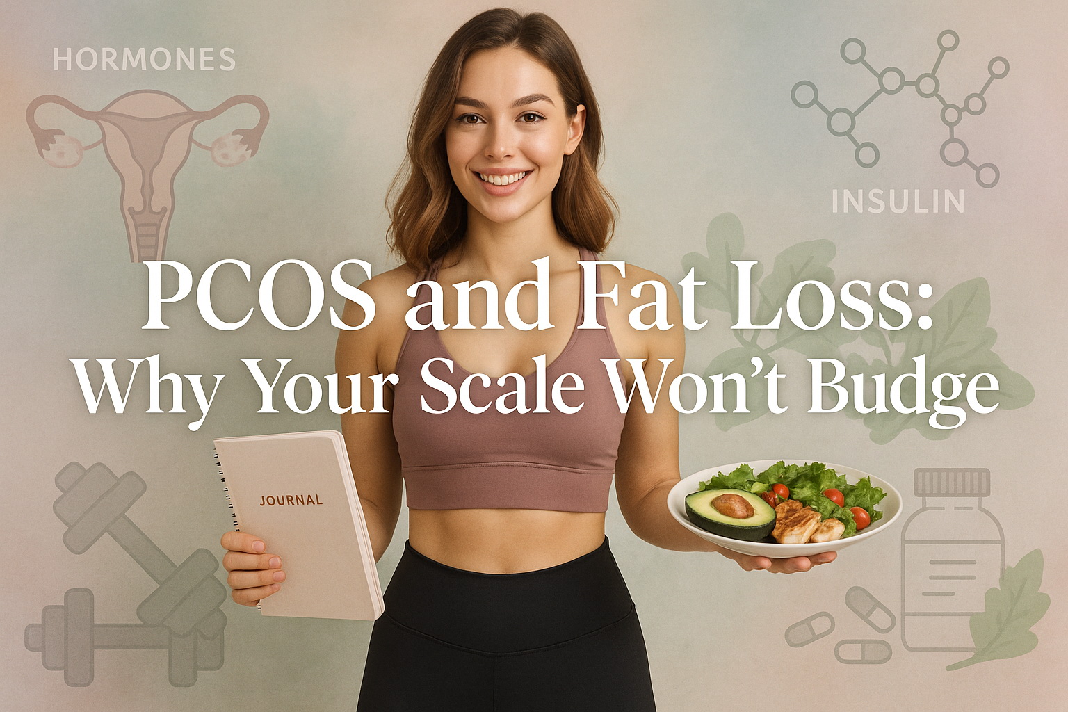 Smiling woman in workout attire holding a journal and a salad. Background features a uterus, insulin, and exercise symbols. Text: "PCOS and Fat Loss: Why Your Scale Won’t Budge."