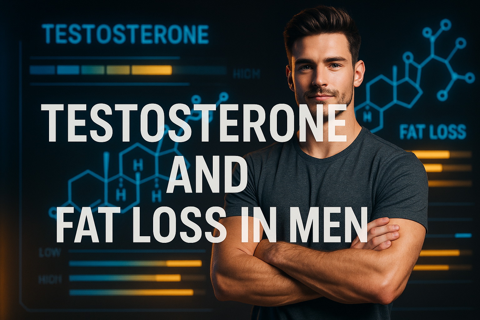 Man in a gray shirt stands confidently with arms crossed. Background shows testosterone and fat loss graphics. Text reads, "Testosterone and Fat Loss in Men."