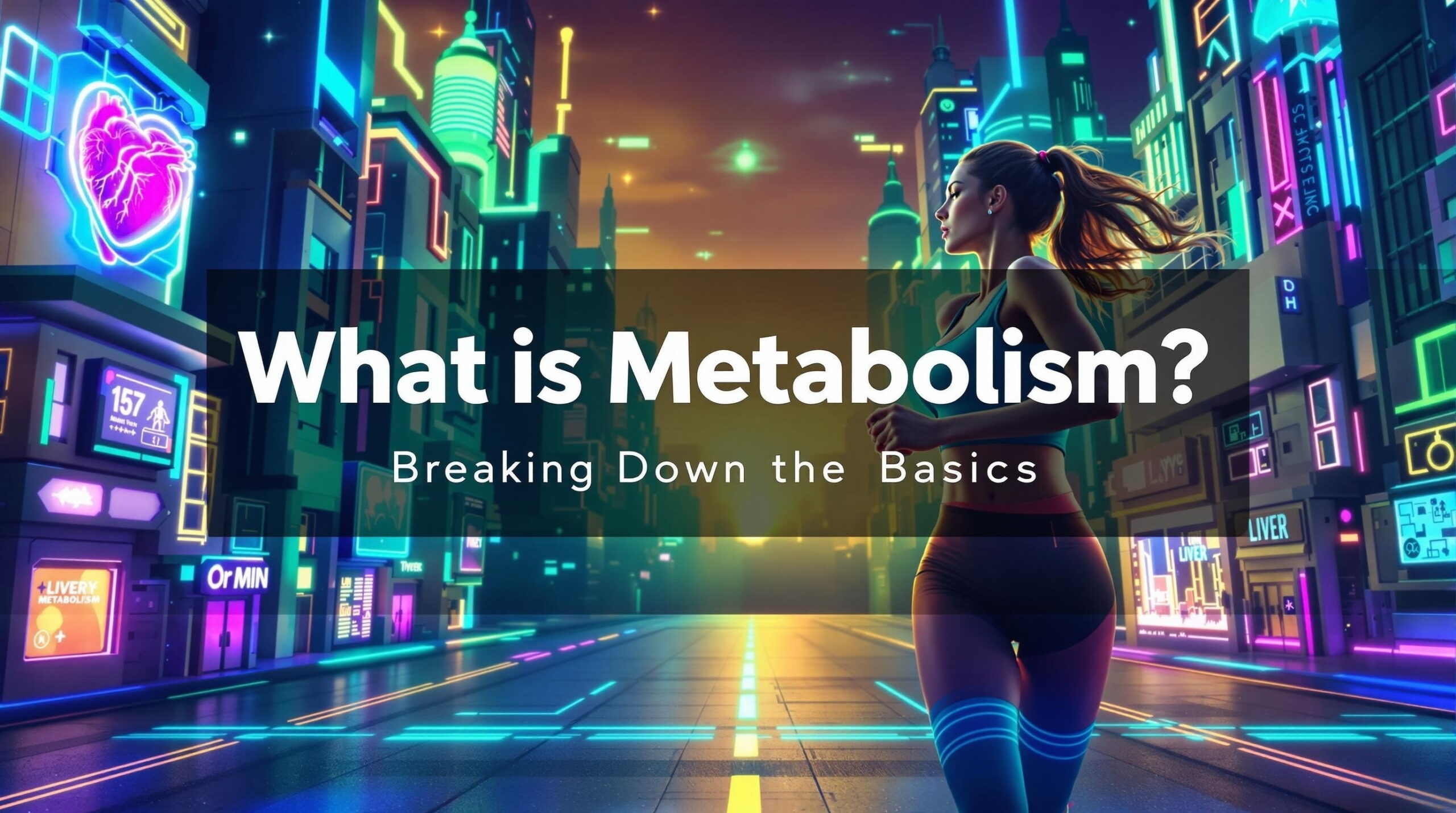 A woman runs in a futuristic city with neon lights. The text reads "What is Metabolism? Breaking Down the Basics," suggesting an informative and energetic tone.