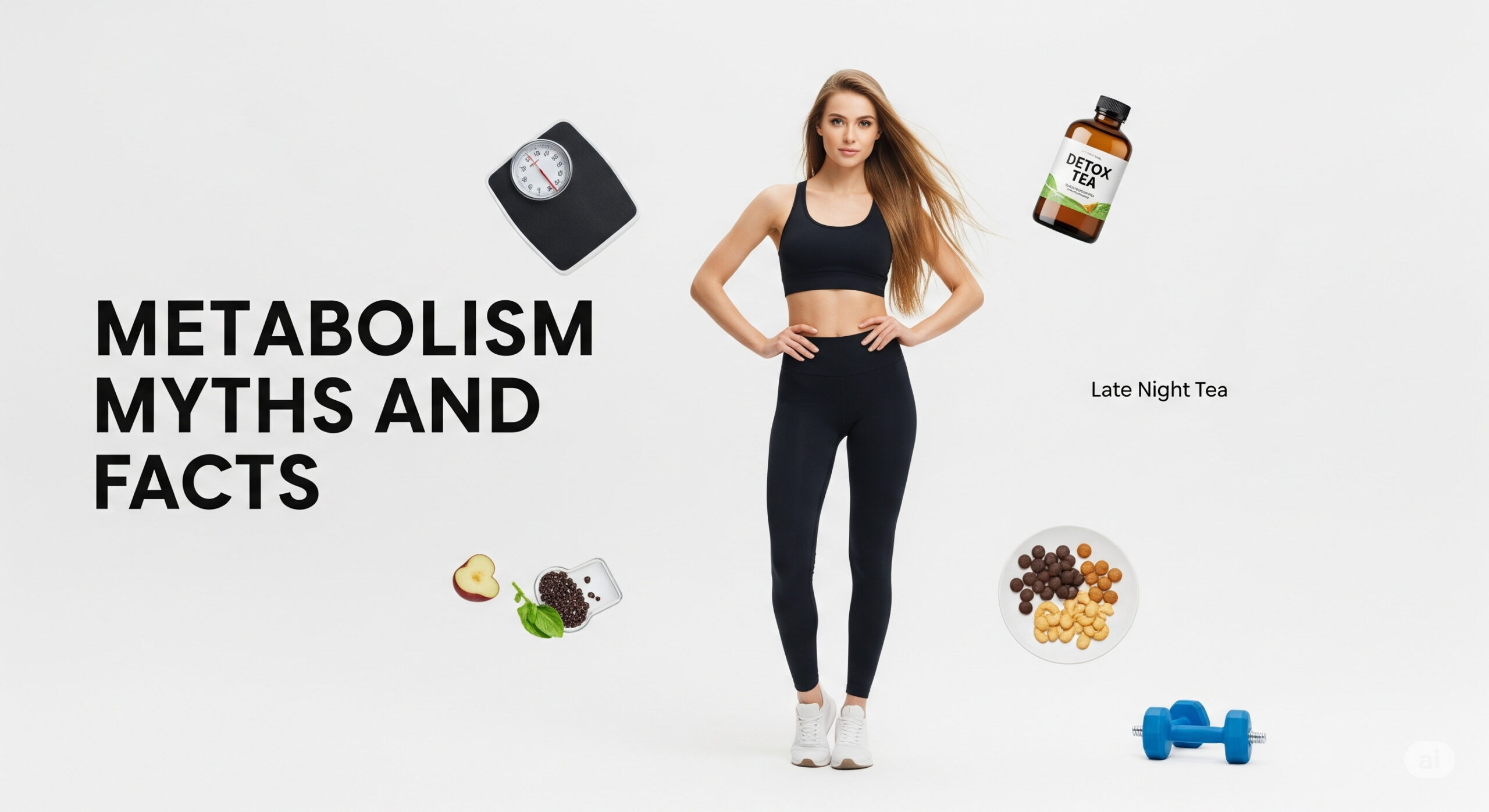 Balanced against a white background, a woman in black sportswear stands confidently among floating objects like detox tea, a scale, and a dumbbell. Text reads "Metabolism Myths and Facts," suggesting a focus on fitness and wellness topics.