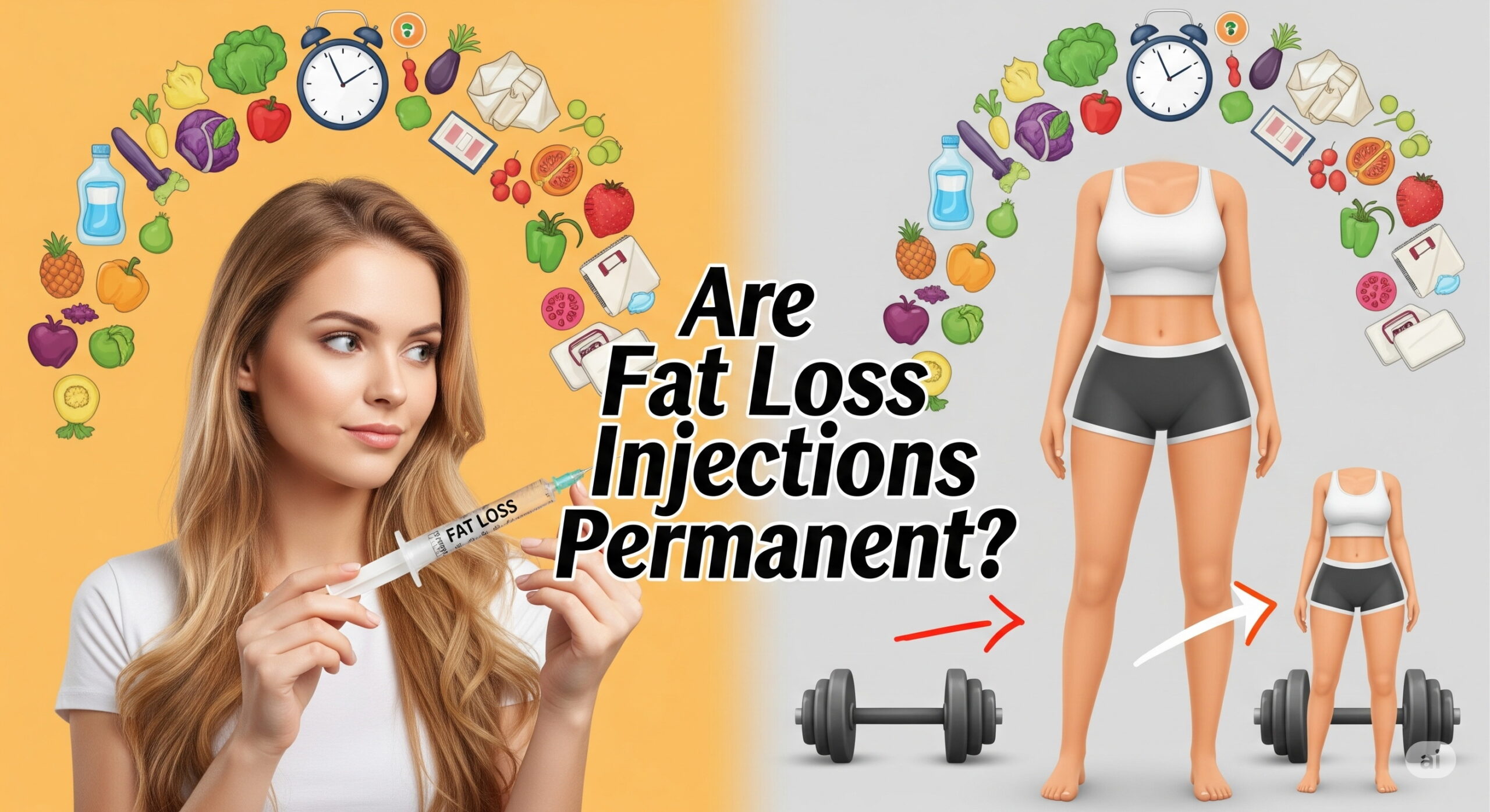 A woman with a syringe labeled "Fat Loss" looks thoughtful. Around her are illustrations of healthy foods, an alarm clock, and a weight scale. Adjacent text asks, "Are Fat Loss Injections Permanent?" In the background, a fit silhouette stands above weights, suggesting fitness and health themes.