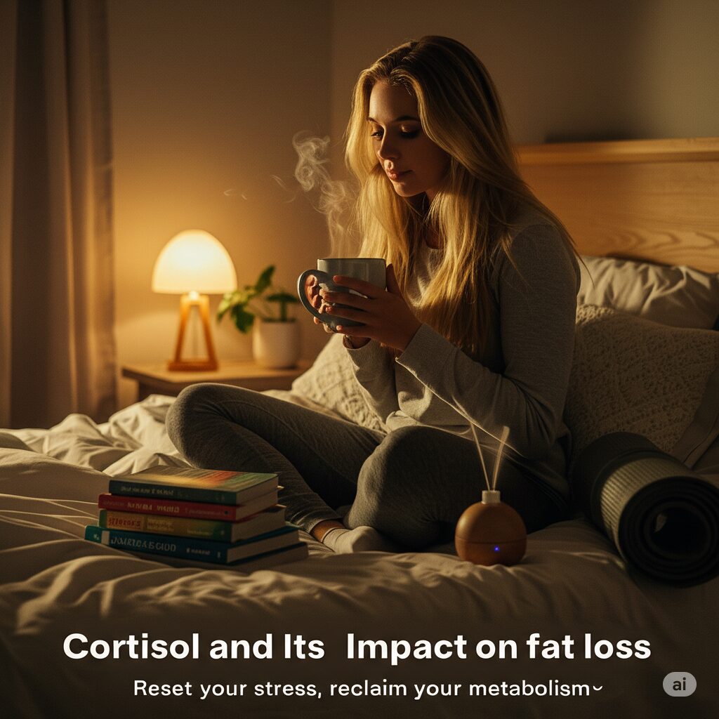 A woman in cozy loungewear sits on a bed, sipping a steaming mug. Soft lamp light, books, and a diffuser create a calm, introspective atmosphere. Text mentions cortisol’s impact on fat loss.