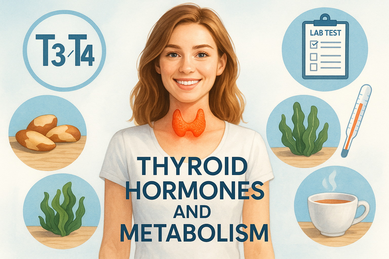 Smiling woman with a thyroid illustration on her neck, surrounded by icons of T3/T4, potatoes, seaweed, a lab test, a thermometer, and a cup. Text reads "Thyroid Hormones and Metabolism."
