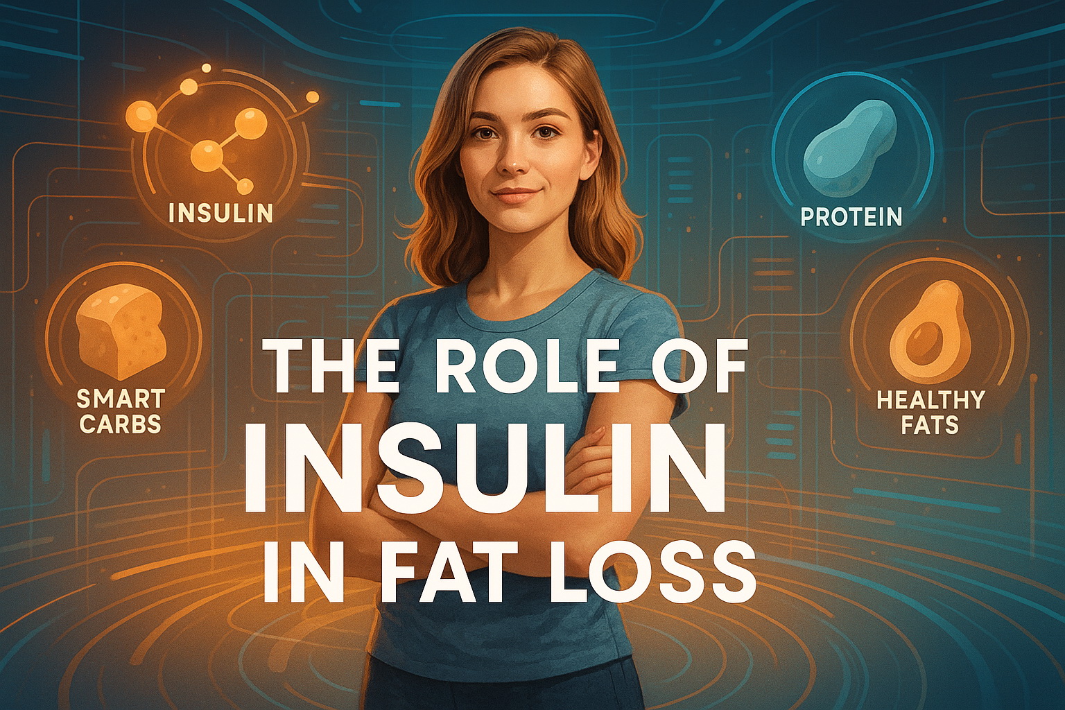 A confident woman stands with crossed arms, surrounded by icons for insulin, protein, smart carbs, and healthy fats. Text: "The Role of Insulin in Fat Loss."
