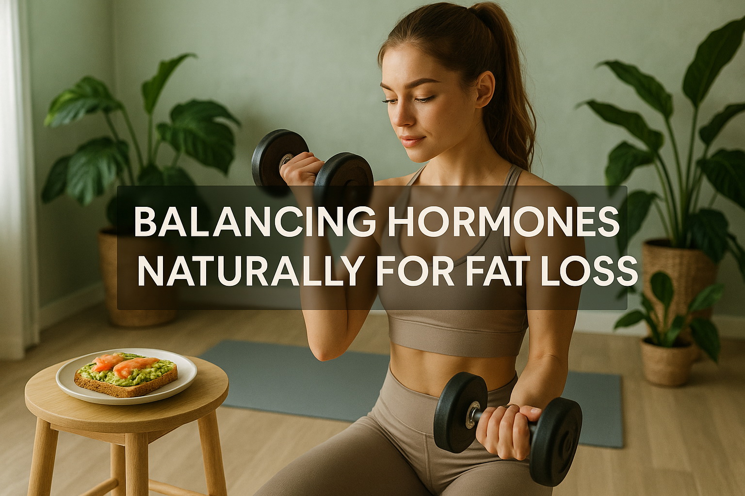 A woman in workout attire lifts dumbbells indoors, conveying focus and determination. A healthy avocado toast sits on a stool, framed by lush plants. Text reads: "Balancing Hormones Naturally for Fat Loss."