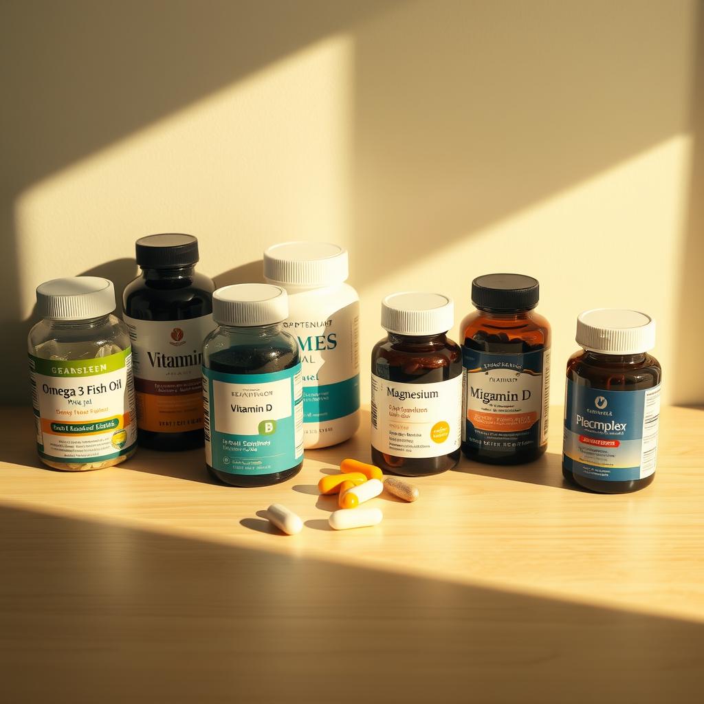 Warm, well-lit still life of various health supplements and vitamins arranged neatly on a light wooden table. Soft shadows cast by the bottles create a sense of depth. Supplements include omega-3 fish oil, vitamin D, magnesium, and B-complex. Bottles are displayed at different angles, some open, to showcase the products. A sense of balance and proportion is maintained throughout the composition. The mood is one of professionalism and trustworthiness, conveying the idea of safe, recommended dosages for improved metabolism.