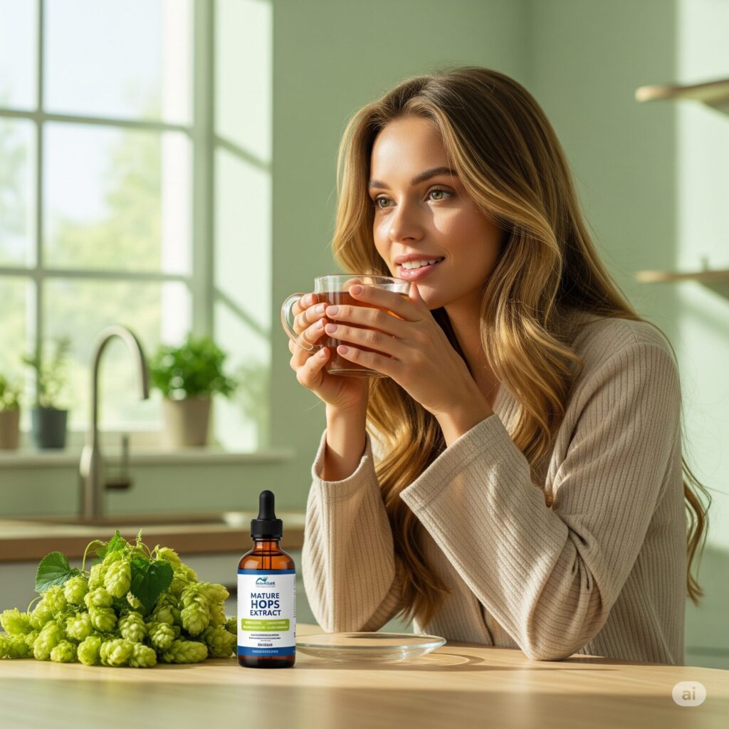 A woman with long blonde hair smiles while holding a glass cup of tea in a sunlit kitchen. Beside her are fresh hops and a bottle labeled Mature Hops Extract.