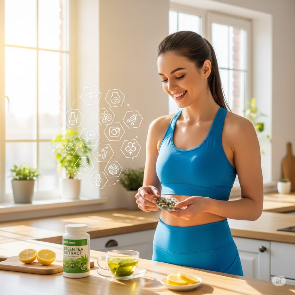 Woman in blue activewear smiles in a bright kitchen, holding green tea capsules. Nearby, a jar of green tea extract, sliced lemons, and a cup of tea are on the counter. Hexagonal icons float nearby, suggesting health benefits.