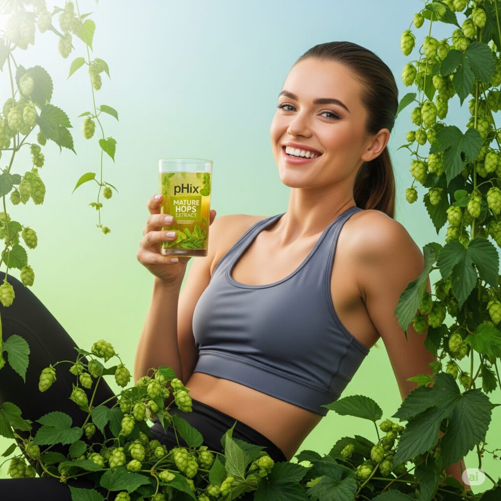 pHix Mature Hops Extract and
Metabolism A smiling woman in a gray sports top holds a glass of pHix Mature Hops Extract amid lush green leaves, conveying freshness and vitality.