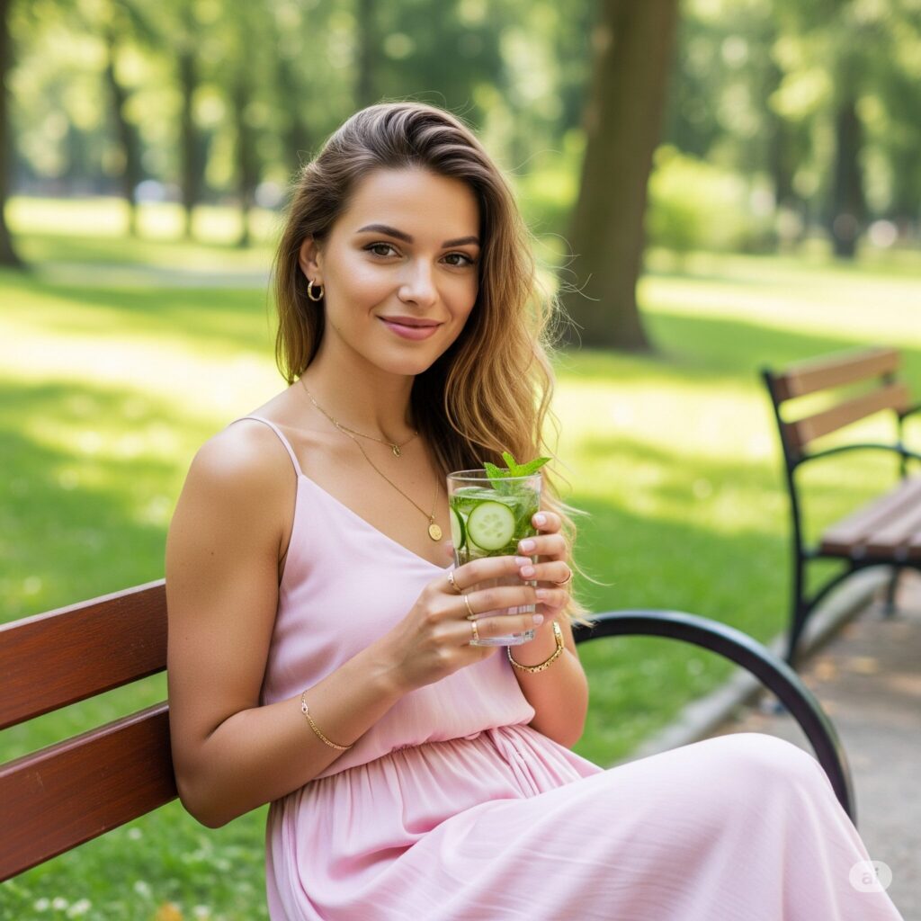 A lush, hydrating landscape with a vibrant, energetic figure at the center. In the foreground, a clear, sparkling glass of water reflecting the figure's dynamic movement. The middle ground features a variety of fresh, metabolism-boosting foods like citrus fruits, leafy greens, and lean proteins. In the background, a soft, warm-toned natural setting with sunlight filtering through trees, conveying a sense of wellness and vitality. The figure's pose and expression radiate a healthy, energetic glow, emphasizing the connection between hydration, nutrition, and a thriving metabolism. A woman in a pink dress smiles while sitting on a park bench, holding a glass of cucumber water. The setting is bright and green, evoking a relaxed, summery vibe.
