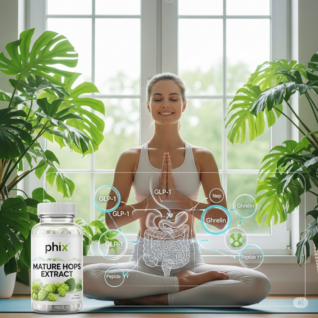Smiling woman meditates in sunlight, surrounded by lush plants. A diagram overlays her, highlighting digestive elements, with a bottle of pHix Mature Hops Extract nearby.