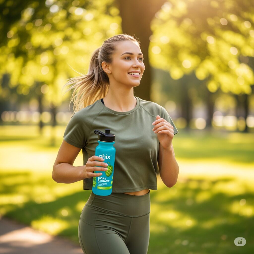 A woman jogs in a sunlit park, wearing green activewear, smiling, and holding a blue water bottle labeled "hops extract." The scene conveys energy and joy.